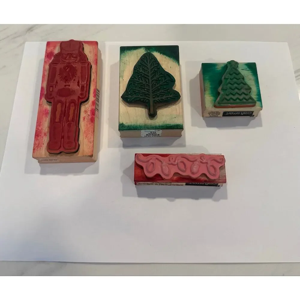 Christmas Rubber Stamp Lot of 4 Inkadinkado Paper Source Craft Smart Wood Mount